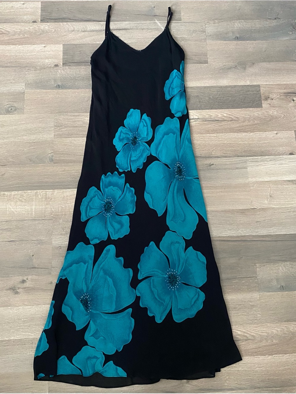 Vintage Y2K Dressbarn Blue Black Floral Beaded Maxi Dress L Whimsigoth Fairy - Picture 4 of 11